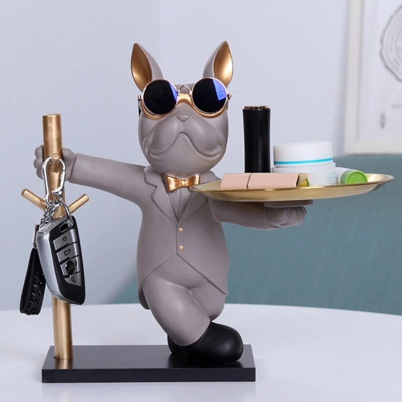 

French Dog Sculpture Dog Statue Decorative Figurine Storage Tray Coin Entrance Key Holder Resin Craft Home Decorations
