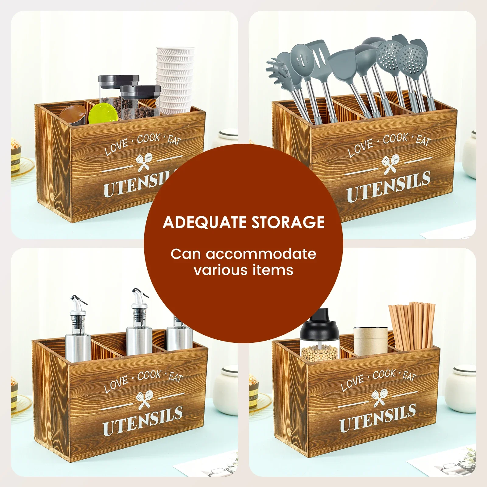 Wooden Cutlery Holder 3 Compartment Tableware Drainboard Spoon Storage Kitchen Utensil Caddy Organizer Kitchen Silverware Holder 5