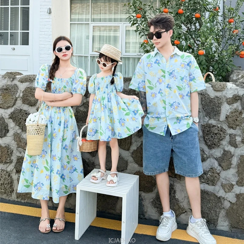 Family Vacation Matching Outfits for Brother Clothes Mom Daughter Smock Dress Coat Couples Dad Son Floral Shirt Korean Sister - 2