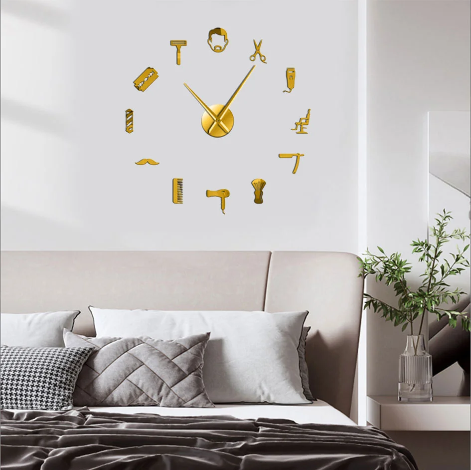 Barber Shop Giant DIY Wall Clock Modern Design Barbershop Decoration 3D DIY Wall Mirror sticker Hair Stylist Hairdresser Gift
