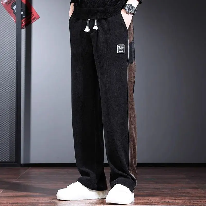 Summer New Fashion Versatile American Patchwork Straight Pants Men's Solid Elastic Waist Drawstring Pocket Loose Casual Trousers