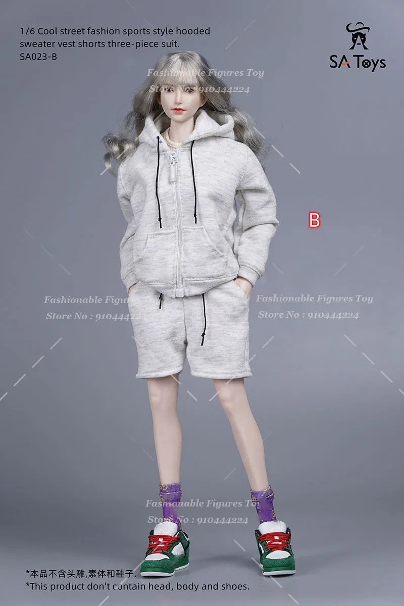 SA Toys 1/6 여성 군인 스포츠 후드 대형 지퍼 업 코트 슬림 조끼 캐주얼 반바지 복장 12 액션 피겨 모델