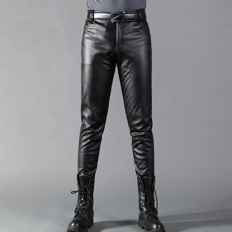 Men Trousers Men's PU Leather Long Pants Vintage Slim Fit Straight Trousers Spring Autumn Casual Streetwear Skinny Pant Male Fashion