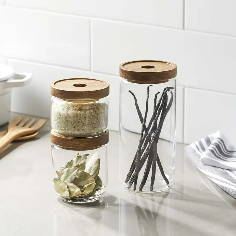 

Homes and Gardens, Glass Food Storage Jar With Acacia Wood Lids, Glass Canister Food Storage Set, Set of 3 Glass jars with lids