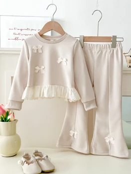 abbigliamento per bambini per 3-7 anni top a maniche lunghe + pantaloni con stampa di lettere color albicocca per ragazze autunnali
