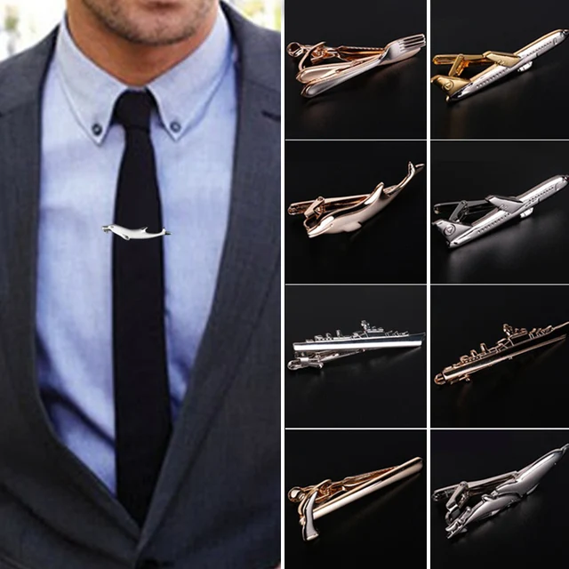 Men Alloy Metal Gold Color Tie Clips Clasp Cufflinks Steamship Dolphin Airplane Tie Bar Wedding Party Jewelry Pin 2