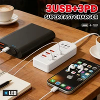 3USB+3PD Power Strip Charger Fast Charging Mobile Phone Charger Multi-Port USB Charging Head PD Socket With Cable EU/US Plug 3
