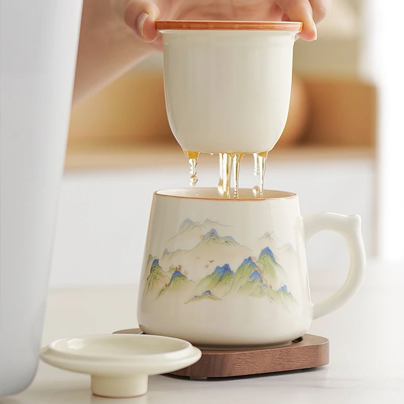 Chinese Style Ceramic Cartoon Floral Pattern Mug, Personal Creative Teacup, With Cover Filtered Tea Water Separation, 350ml, 1Pc