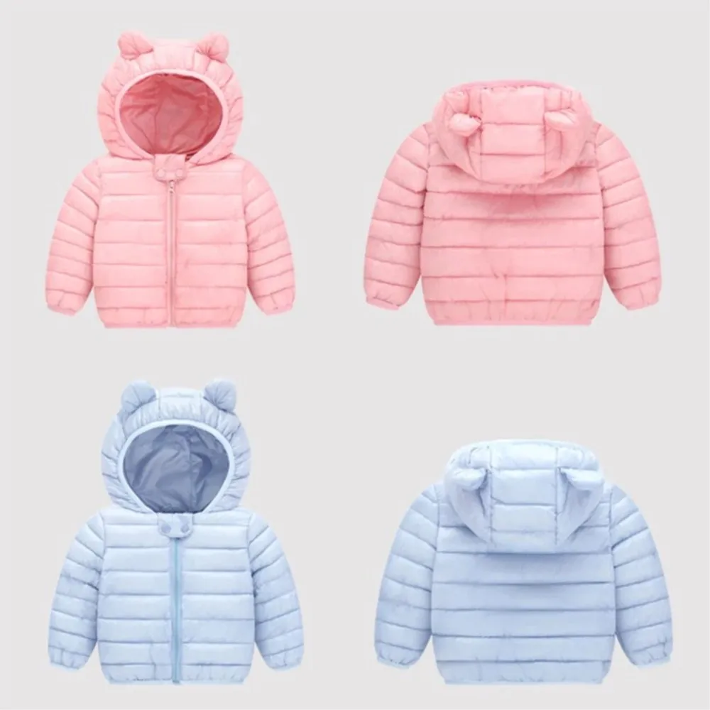 Kids Bear Ear Hooded Puffer Jacket Children's Lightweight Warm Coat Black/Pink Options
