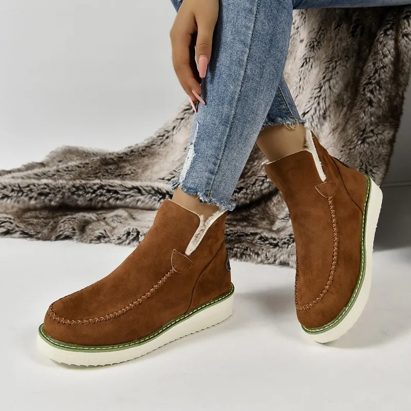 2023 New Women's Shoes Slip on Women's Boots Winter Plush Warm Round Toe Solid Flock Casual Short Barrel Low-heeled Snow Boots