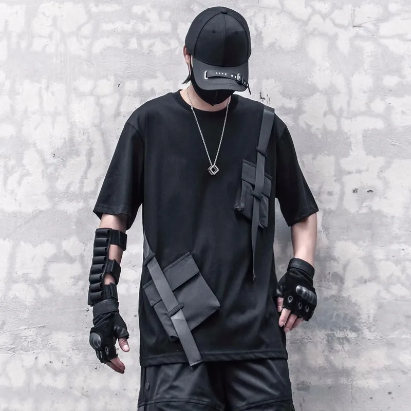 

ARENS Techwear Черная Мужская футболка 2023 летние лоскутные дизайнерские функциональные футболки с лентами в стиле хип-хоп уличные хлопковые топы футболки