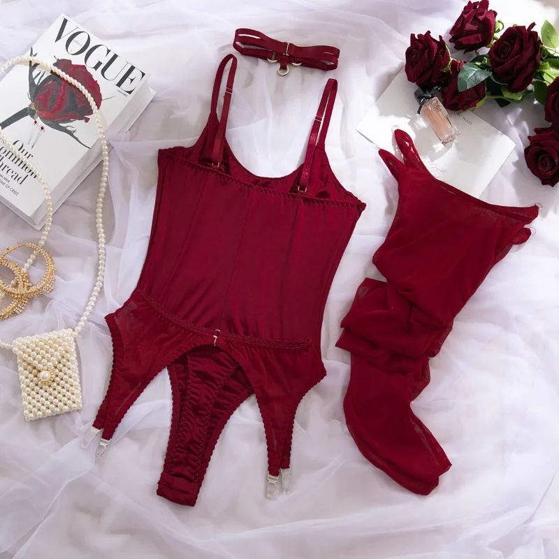 Costume lingerie styling with one-piece shape, attached stocking look, and slim silhouette