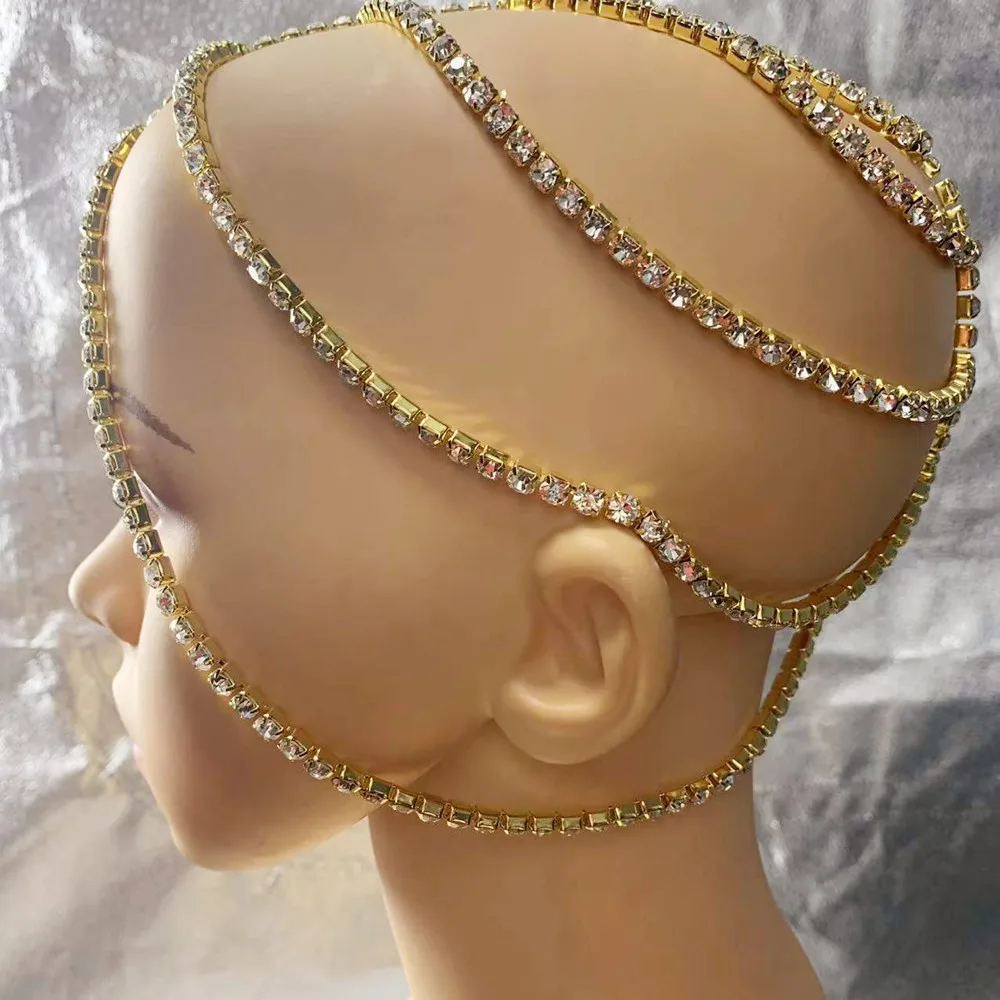 Shiny Rhinestone Multi-layer Bridal Headpiece Forehead Head Chain Jewelry for Women Crystal Hollow Headband Cap Hat Accessories