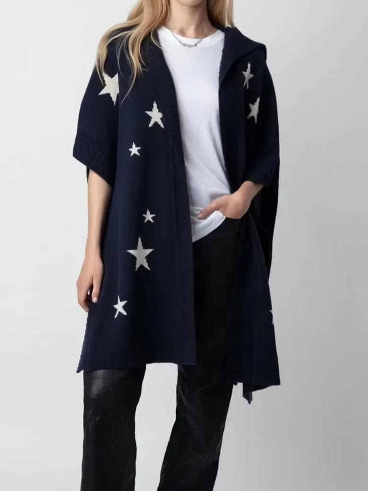 

Women's Sweater Coat Star Jacquard Cashmere Hooded Open Stitch Fall Winter Casual Loose Cloak Knitted Cardigan