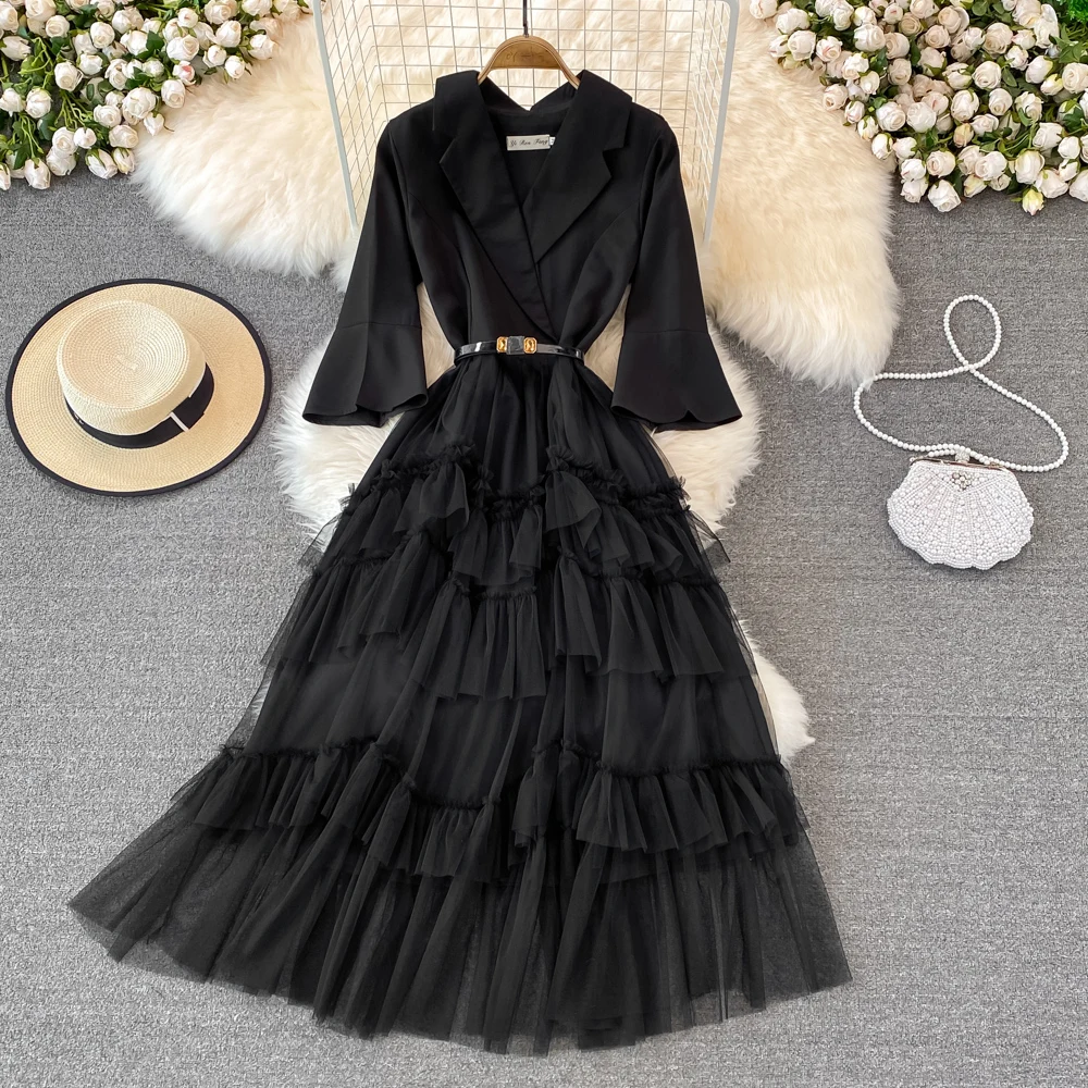 

2022 Spring New High-class Celebrities Temperament Suit Collar Slim Fit Stitched Mesh Cake Dress Banquet Dress Long Dress