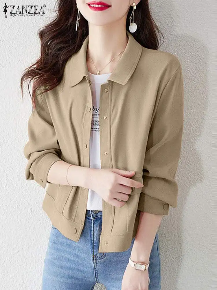 

Весна 2024, элегантная женская блузка ZANZEA, модные повседневные однотонные рабочие блузки, свободные топы-туника, рубашка с отложным воротником и длинными рукавами
