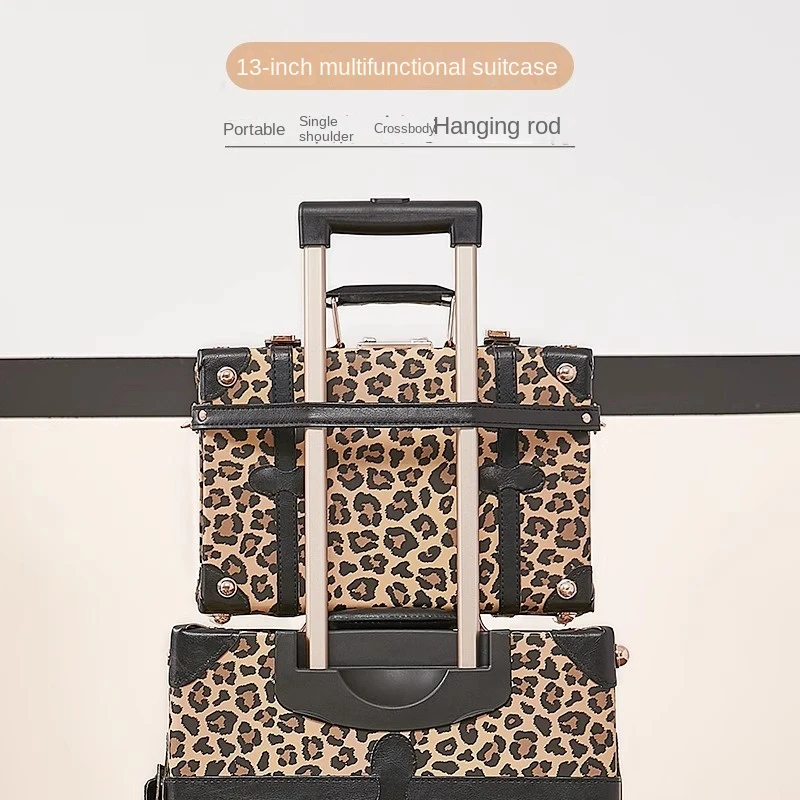 Trendy Retro Luggage Women's Roller Trunk Leopard Print Leather Suitcase 20