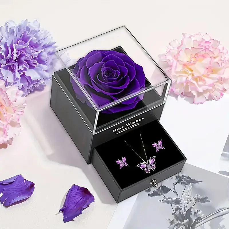 1 Set elegante Halskette und Ohrringe mit Schmetterlingsanhänger und lila Rosen-Geschenkbox für Muttertag, Valentinstag, Weihnachten, Geburtstage