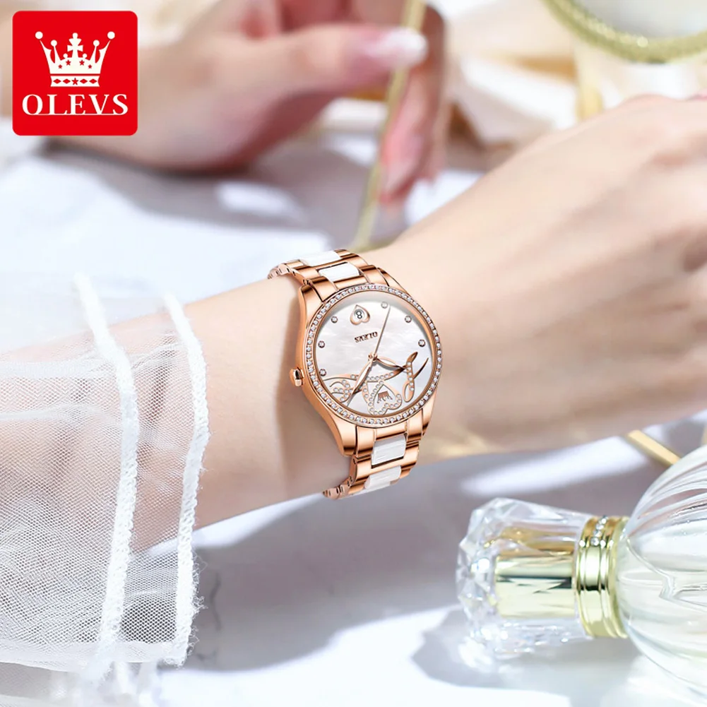 OLEVS-Reloj de pulsera automático Original para mujer, elegante reloj de pulsera mecánico con correa de cerámica, esfera 