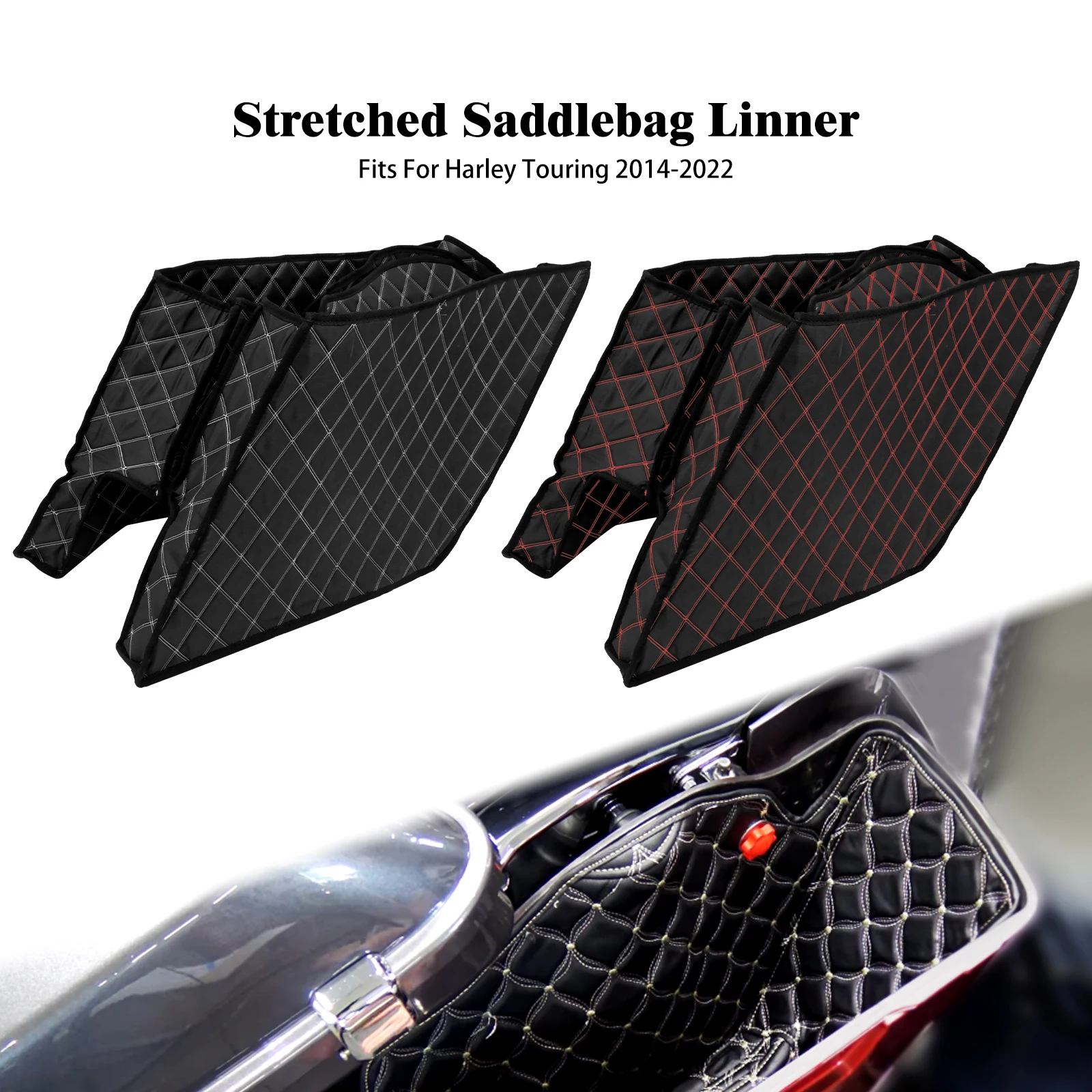 thumbnail image 2 of HDBUBALUS Stretched Saddlebag Liners For Harley 2014-2022 - White Thread Inserts 1 Pair 2 of 13