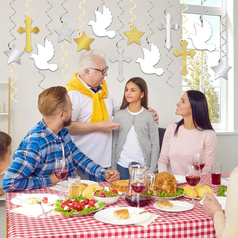 6/12 Stück Erstkommunion hängende Wirbel Kreuz und Frieden Taube Banner Taufe Dekoration für Jungen Mädchen Baby Shower Party Dekor – Detail 1