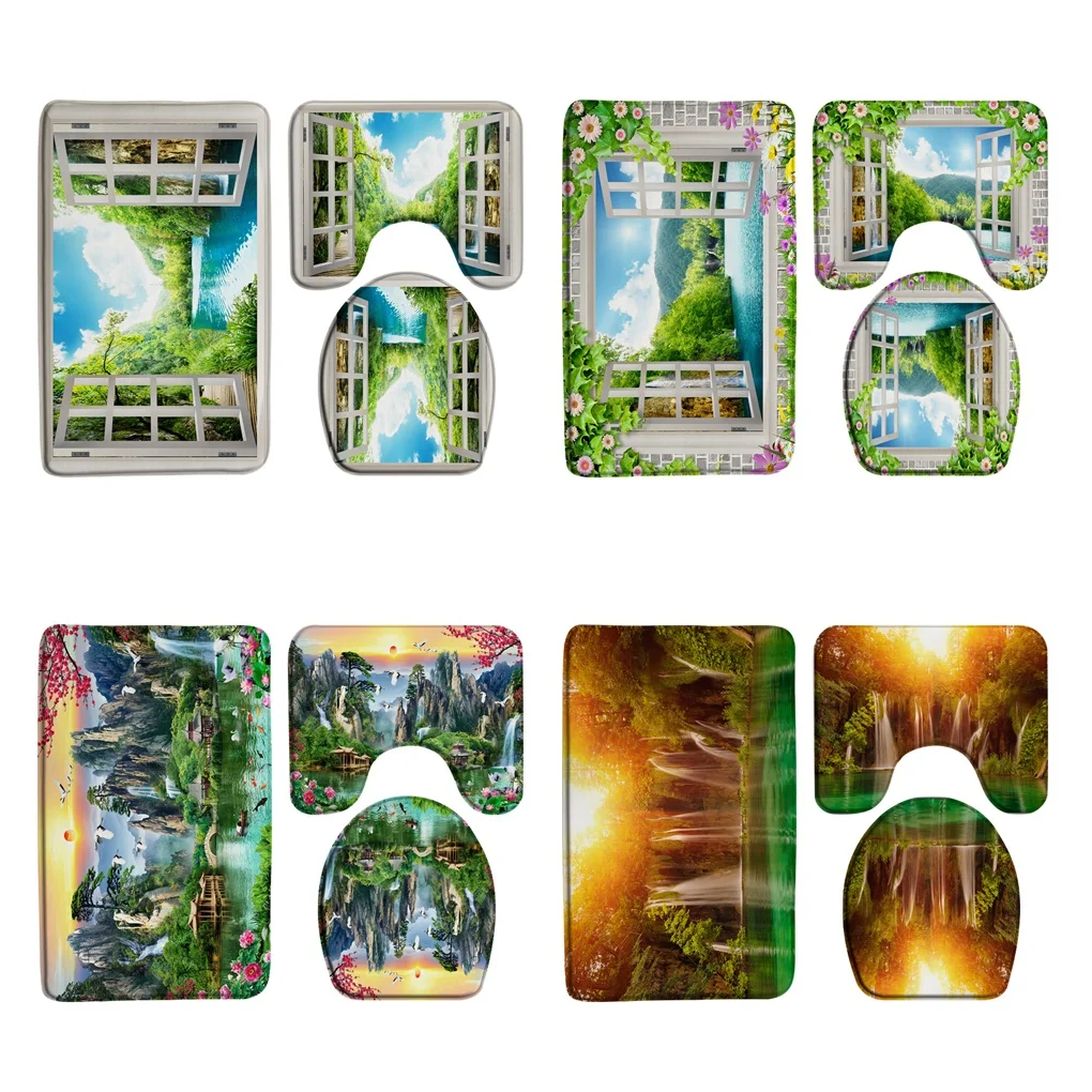

3D Waterfall Forest Bath Mat Sets Natural Scenery White Window Flower Lake Bathroom Rug Doormat Toilet Lid Cover Flannel Carpet