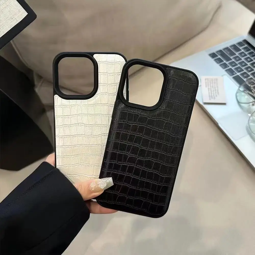 Fashion Cool Black Crocodile Pattern Leather Solid Color Phone Case For iPhone 11 12 13 14 15 Pro Max Shockproof Soft Cover Men