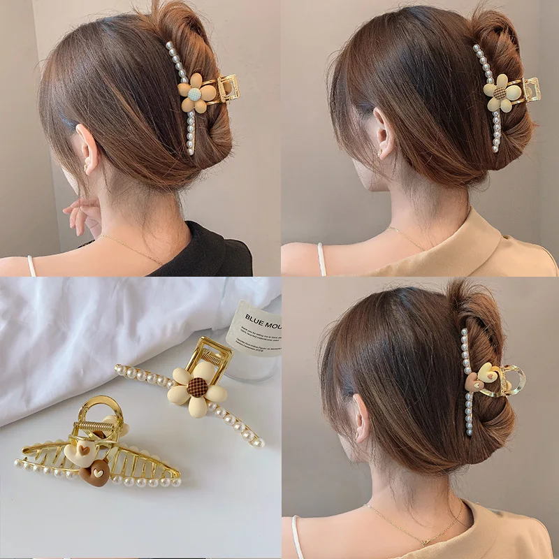 2022 Cute Fashion 11.5cm Resin Flower Pearl Claw Clips For Women Non-Slip Ponytail Holder Shark Hair Grip Accessories korean large acetate hair claw clip crab clamps 10 5cm charm tortoiseshell ponytail hair grip clips hair accessories for women