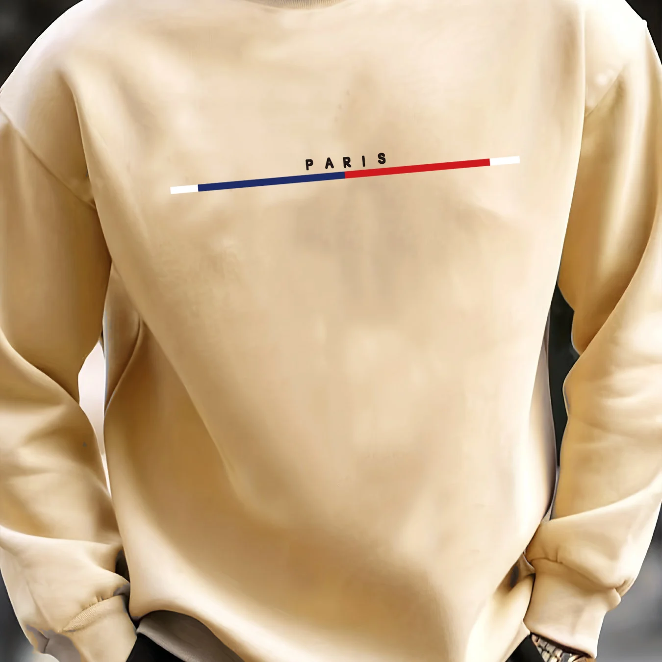 سترة رياضية كاجوال للخريف والشتاء للرجال فضفاضة كبيرة الحجم بطباعة باريس مع بلوفر دافئ من الصوف برقبة دائرية وأكمام طويلة