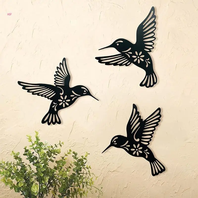 3Pcs Metal Hummingbird Wall Art Decor Hollow Out Iron Black Bird Statue Ornament 5