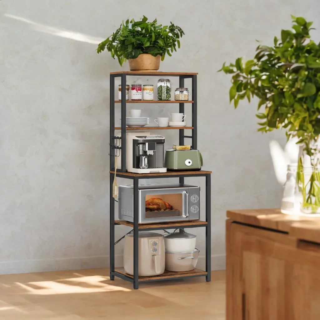 VASAGLE Coffee Bar, 6-Tier Kitchen Shelves with 6 Hooks, Baker’s Rack for Kitchen, Microwave Stand, Industrial 3