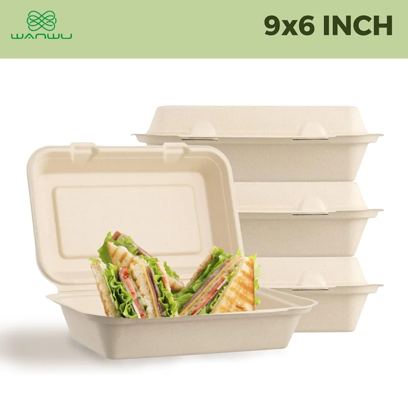 50 pcs Harvest Pack 9 X 6 inch Square Hinged Containers,Flip Top Take Out Boxes,Heavy Duty Bagasse Food Containers