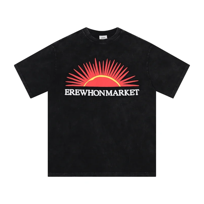 

New Summer Washed Red Sun Print Saint Michael T-Shirt Men Women 1:1 Summer Japan Style Top Vintage Tees Cotton T Shirt
