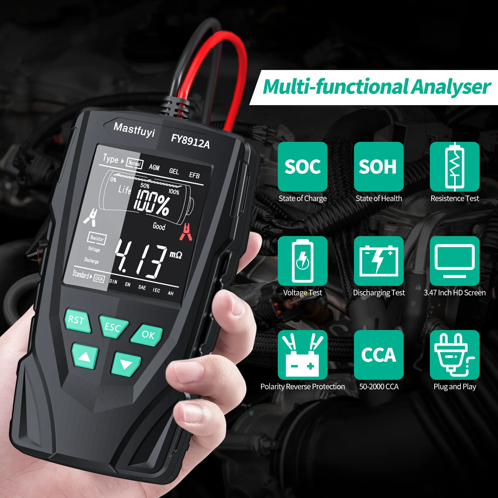 MASTFUYI Car Battery Tester 12V/24V Battery System Analyzer 50-2000CCA Battery Health Display Comprehensive Diagnostic Test Tool 3