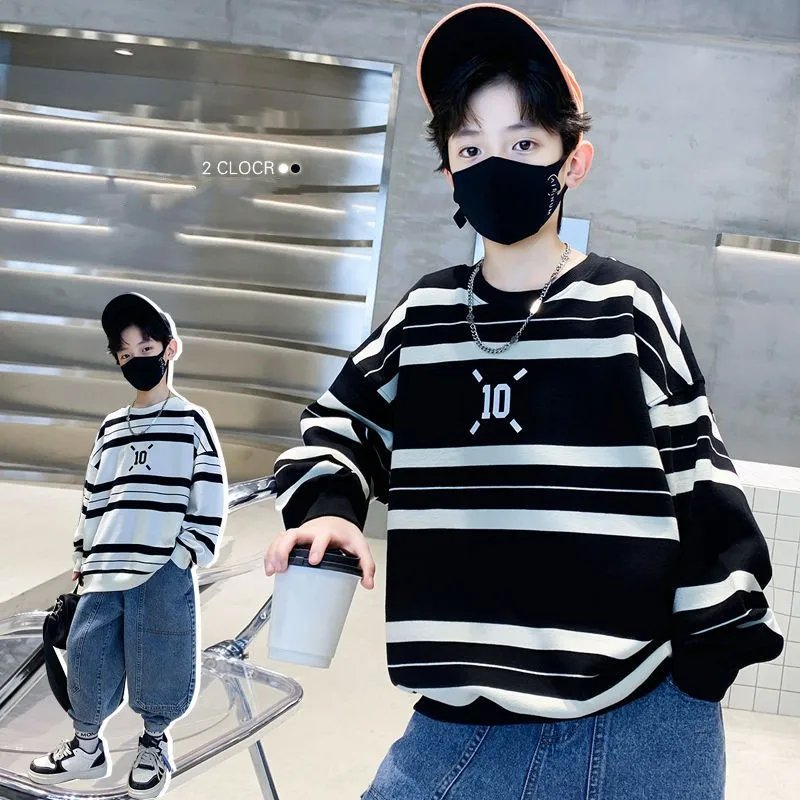 Kids Sweater Hoodie Sweatshirts Spring Autumn Boys Cotton Loose Contrast Striped School Track Pullover Tops 5-16 Years