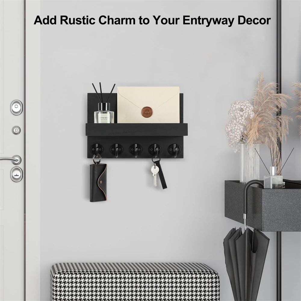 Wall Mounted Key Holder for Entryway Decorative Wall Shelf with Hooks Holds Key Rings Dog Leash Wallet Purse Wood Key Hanger 3