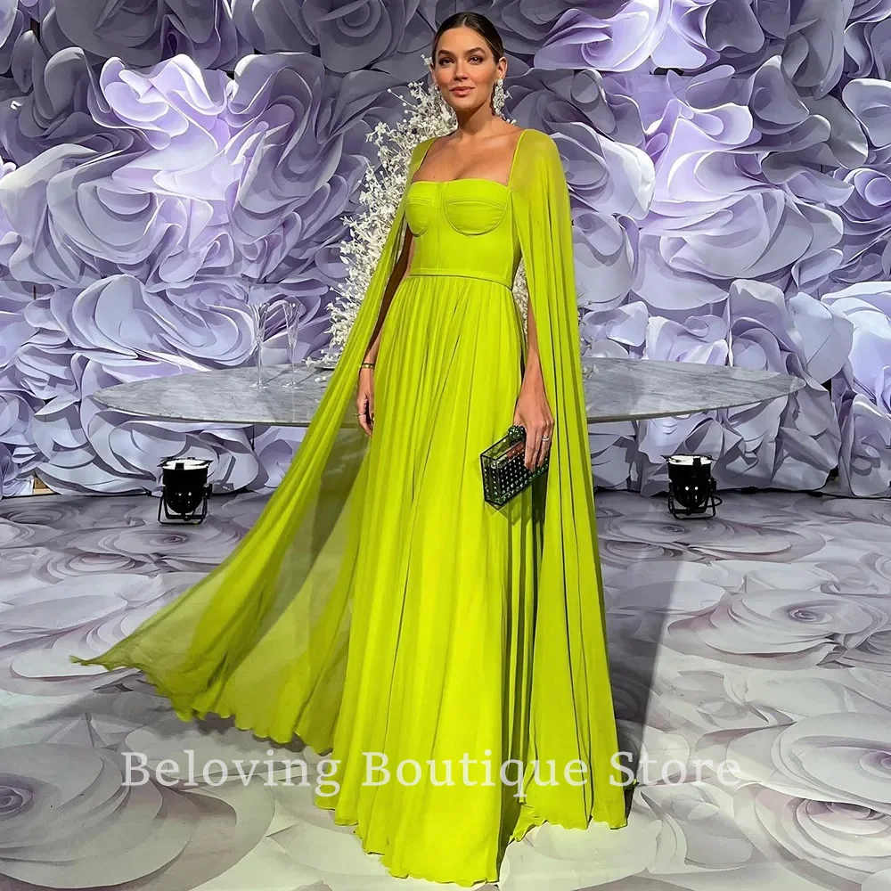 

Saudi Arabic Lemon Yellow Dubai Evening Dresses with Cape Sleeves Prom Elegant Women Wedding Party Formal Gowns Robes De Soiree