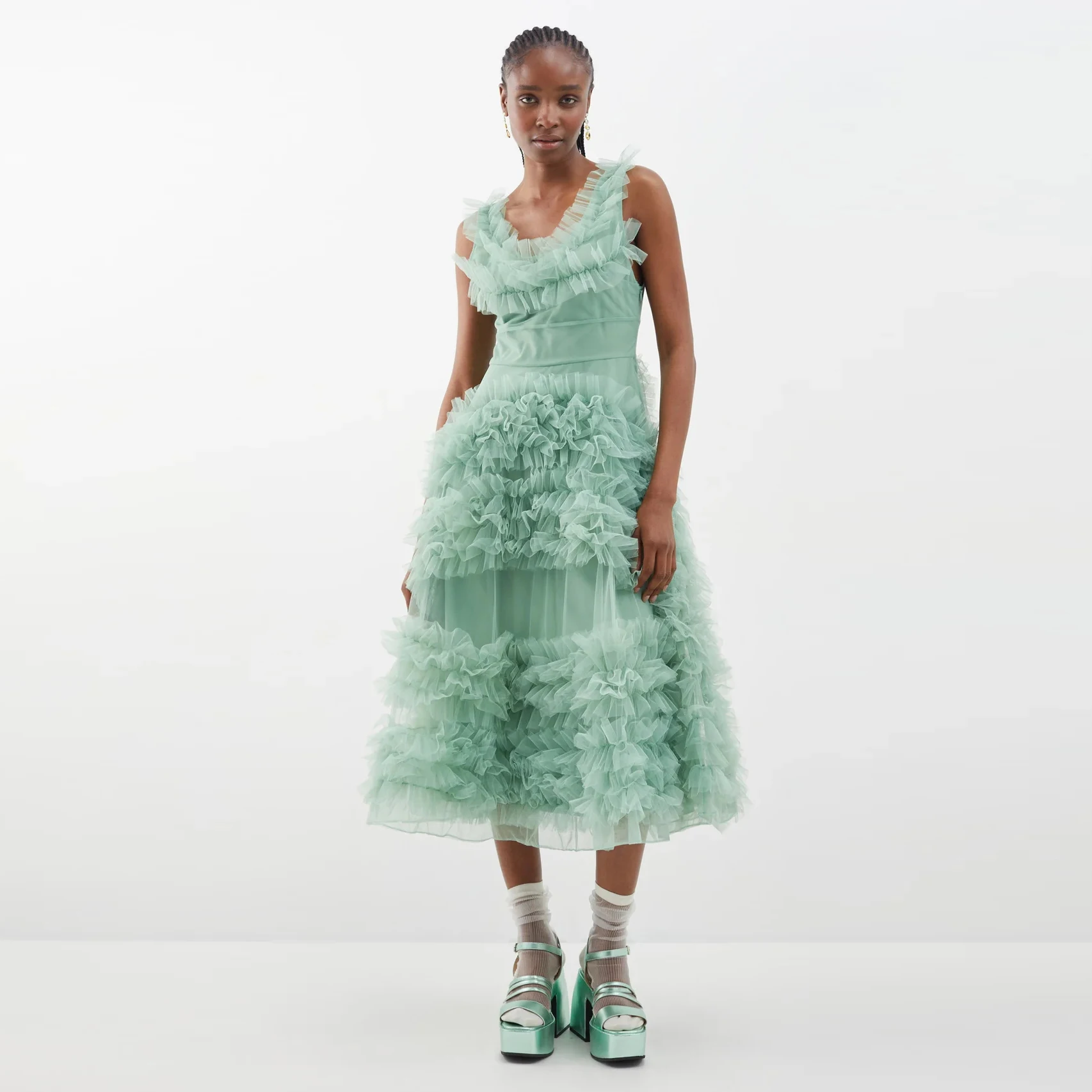

Eye Catching Mint Green Ruffles Tulle Women Dresses V-neck A-line Mid Calf Tutu Tulle Maxi Gowns Female Party Dress