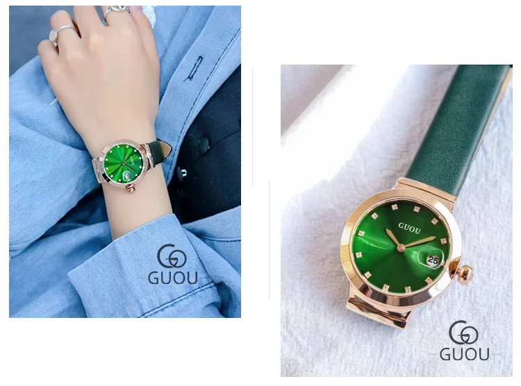 Orologio da polso al quarzo da donna alla moda GUOU con cinturino in vera pelle, diamanti, strass, calendario, lente d'ingrandimento, orologio da donna_voghion.com