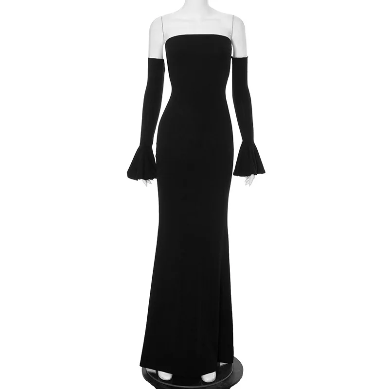 New Women's Fashion Wrap Off-the-Shoulder Bodycon Dress Elegant Sexy Solid Color Flared Long Sleeve Sexy Mermaid Evening Dress