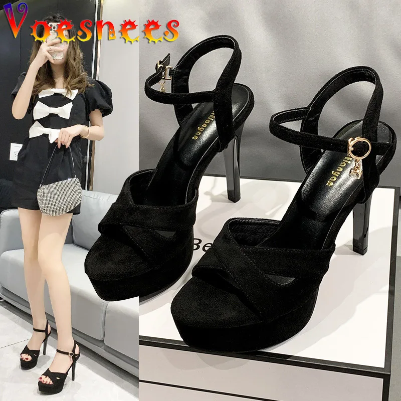 

Voesnees Female Sandals Suede Cross-over Vamp Thick Platform Summer Party Shoes 2022 New Black Thin High Heel Women Pumps 11CM