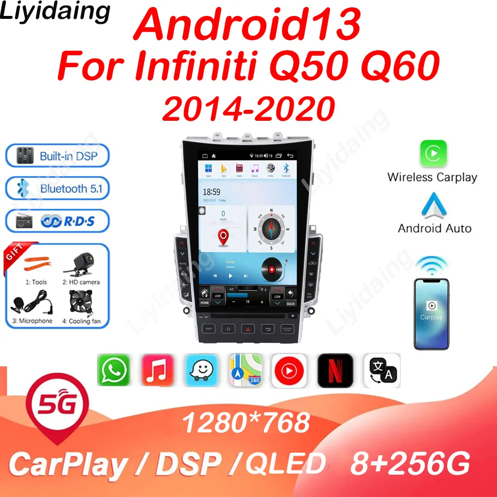 

Liyidaing Car Radio For 14-20 Infiniti Q50 Q50L Q50S Q60 Carplay Auto Android 13 DVD Multimedia Video Player Stereo GPS 4G LTE