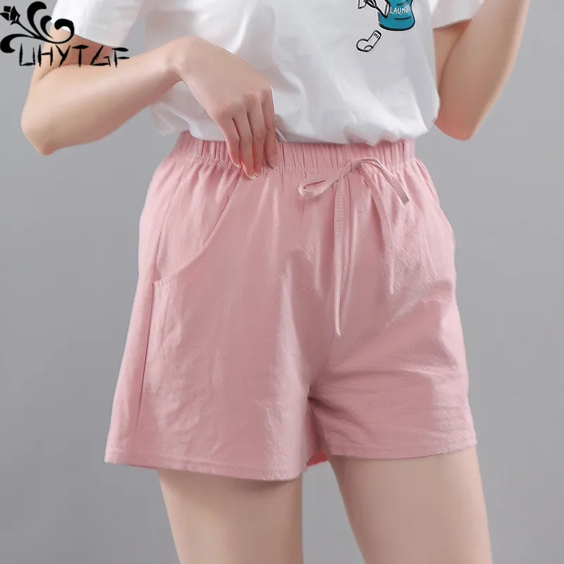 

UHYTGF Cotton Short Women Summer New Solid Color Mid-Waist Loose Lace-Up Elastic Waist Casual Wide Leg Versatile Ladies Short273