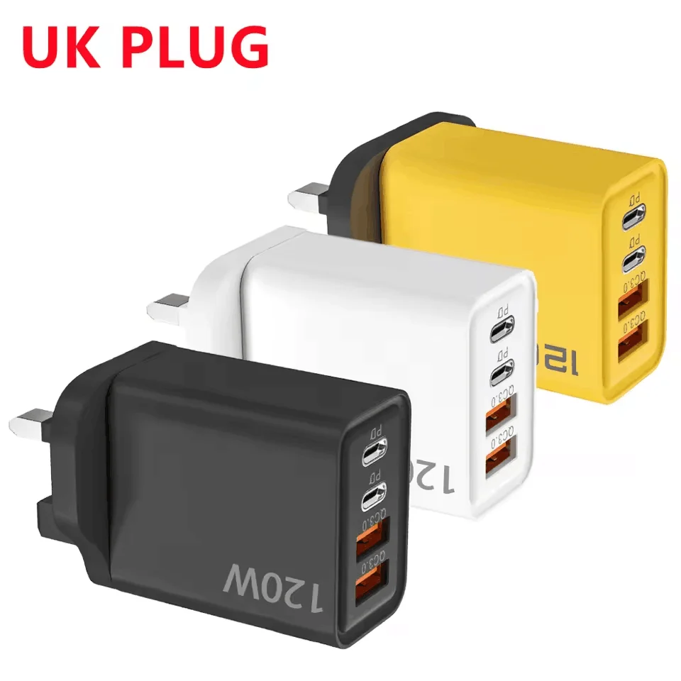 Carregador usb pd de 4 portas 120w tipo c adaptador de carregador de celular de carga rápida para iphone samsung xiaomi ue/eua/reino unido plug carregador de parede