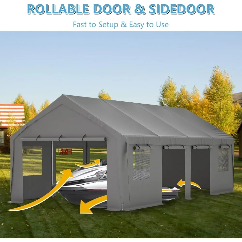 Outdoor Garage 13'x 25' Heavy Duty Car Port Roll-up Sidewall and Ventilated Windows with Removable Sidewalls,Portable