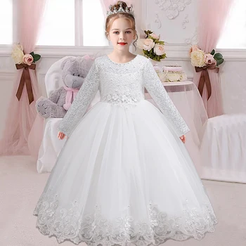 Children's Embroidered Party Evening Dress 3-12 Years Old Lace Long Sleeve White Wedding Long Princess Dress for Girls 1
