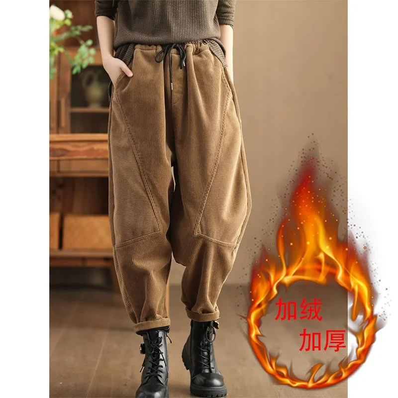 Women Autumn Winter Korean New High Waist Corduroy Harlan Pants Fashion Design Solid Pocket Splicing Fleece Warm Versatile Pants