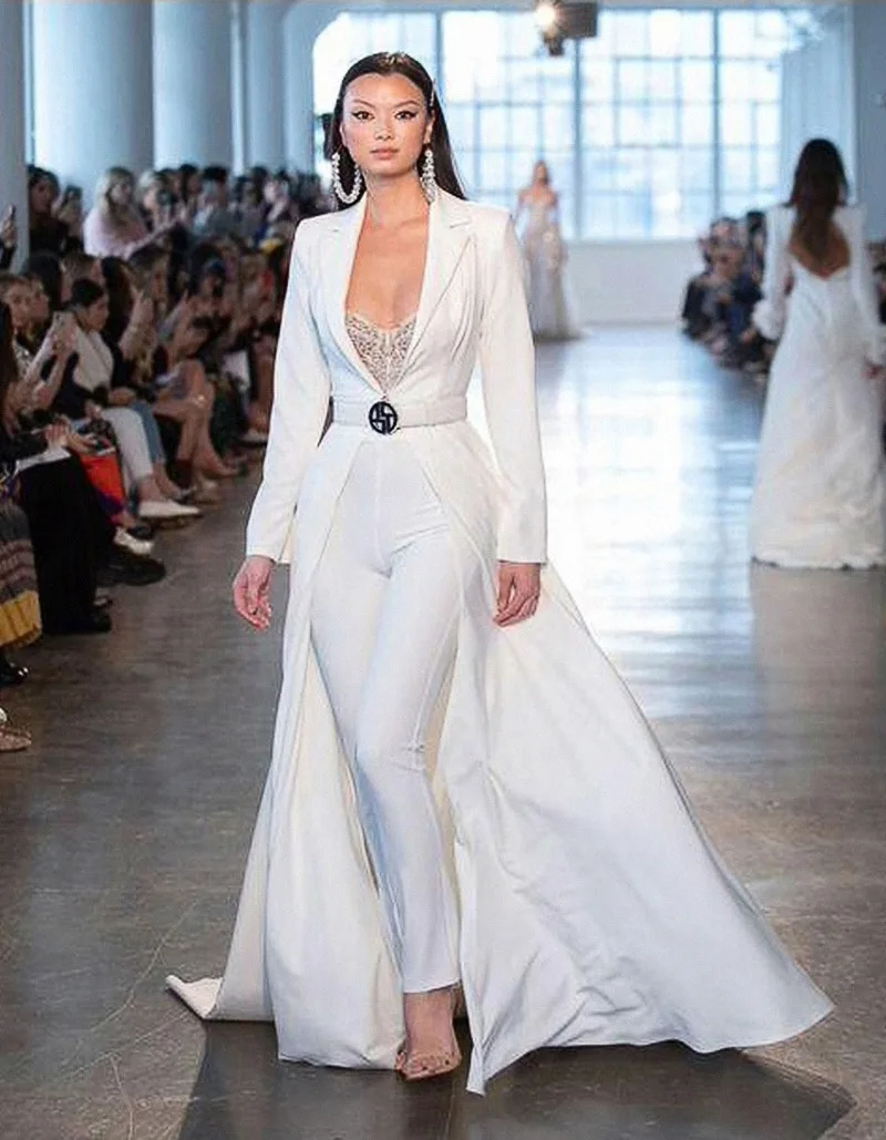 Robe de soirée sexy à manches longues et col en V pour femmes, robe élégante, pantalon blanc, combinaison, nouvelle mode, 2023