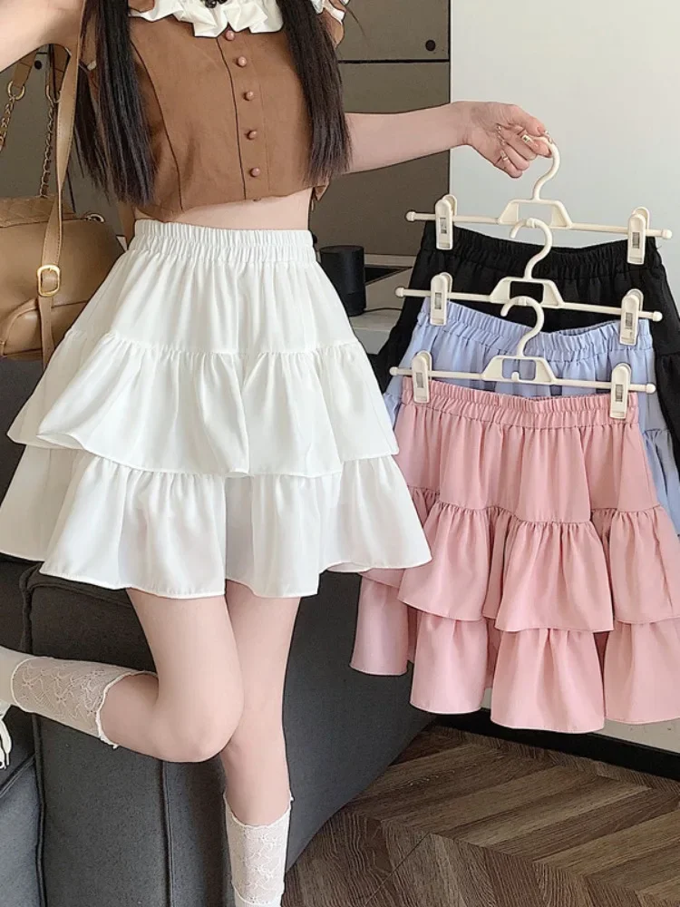 2024 New Ruffled Cake Skirts Women High Waist A-line Solid All-match Sweet Lovely Girl Korean Gentle Spring Kawaii Casual Skirts 2