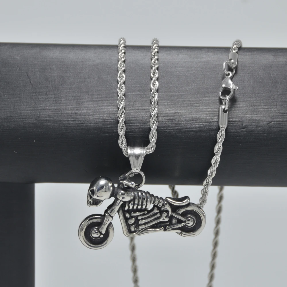 Motorcycle Skull Pendant Necklace Stainless Steel Pendant Necklace Gothic Style Jewelry Accessories  Skeleton Halloween Gift